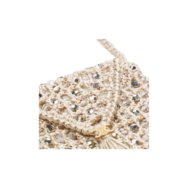 CELINE Crocheted Silk Shoulder Bag, Crossbody Bag Mini Women's Gray White-3