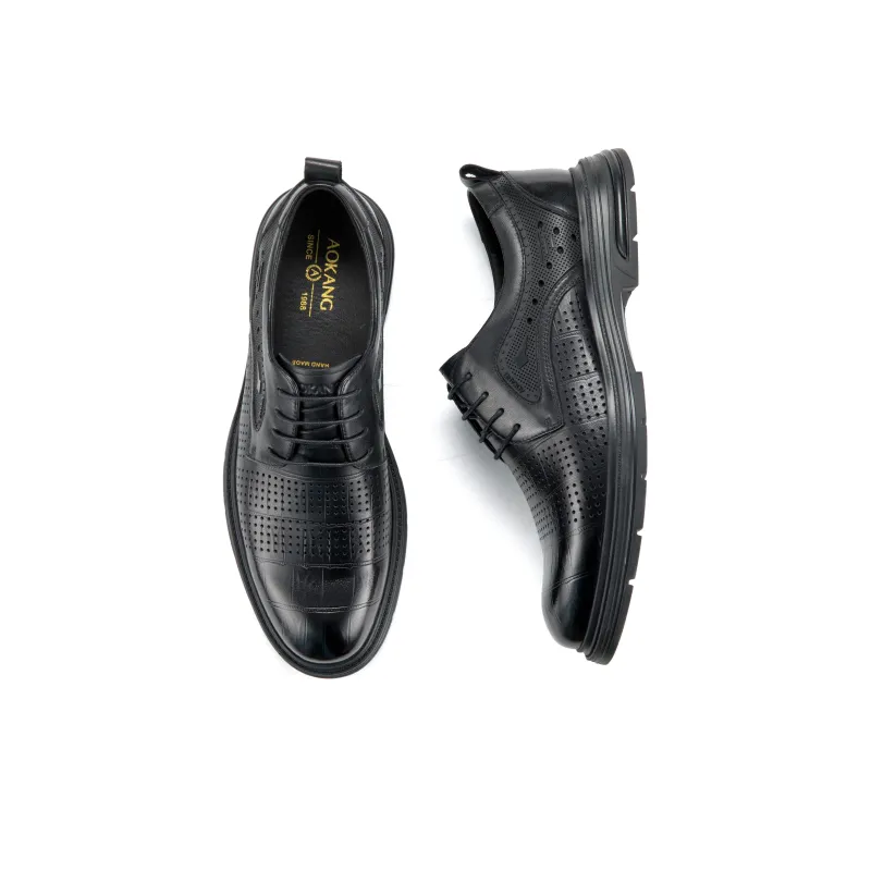 AOKANG New Arrival Business Formal, Cut Out Lace Up Shoes Casual Leather Shoes Men's Black-3