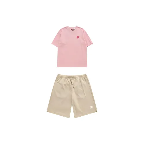 FILA FUSION Casual Sportswear Unisex Set Youth Pink T-Shirt+Light Bean Noodle Brown Shorts