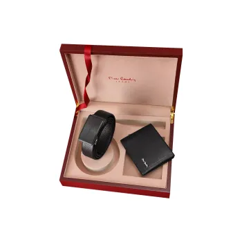 PIERRE CARDIN Top Grain Cow Leather Automatic Buckle Belt Short Wallets Men's Black