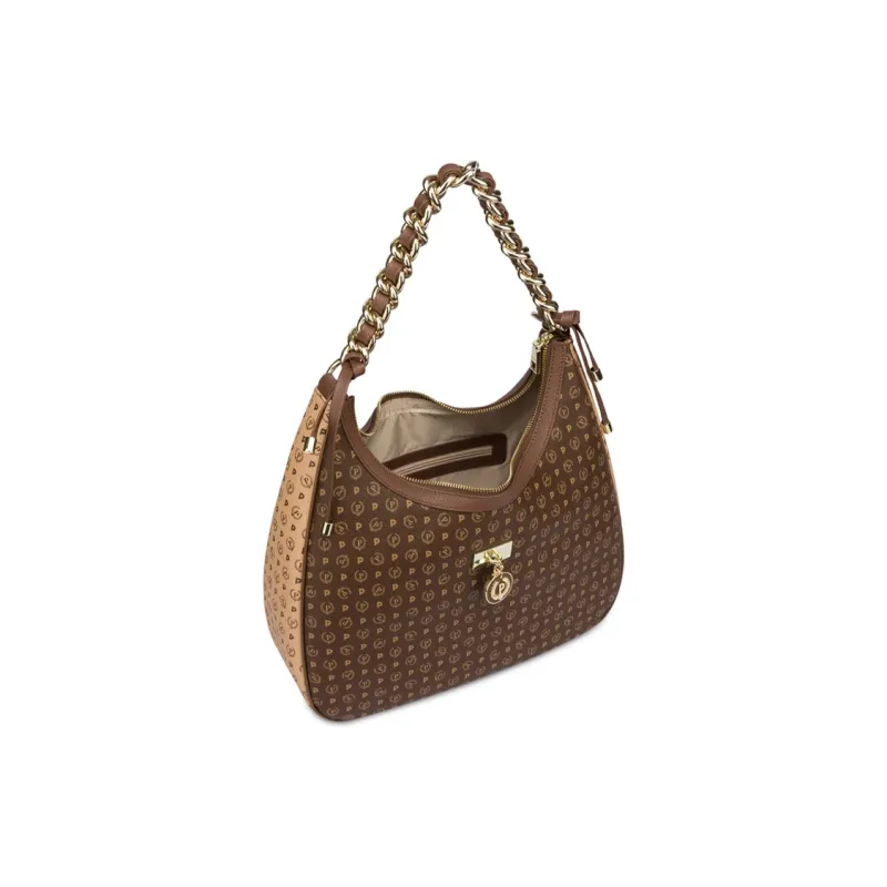 Pollini Calfskin Hobo Bag, Portable Crossbody Bag, Shoulder Bag Women's Brown & Cream-3