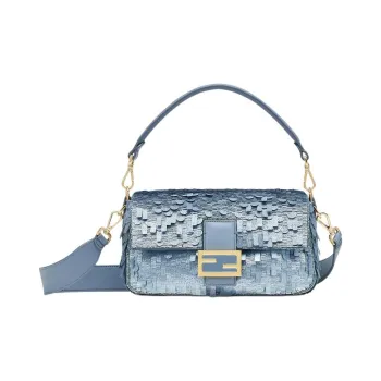 FENDI Baguette Denim Sequins Embroidery Handbag, Shoulder Bag, Crossbody Bag Women's Light Blue