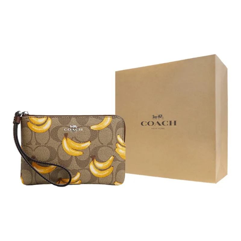COACH Corner Zip Artificial Leather Clutch Small Size Unisex Khaki & Dark Saddle Brown-4