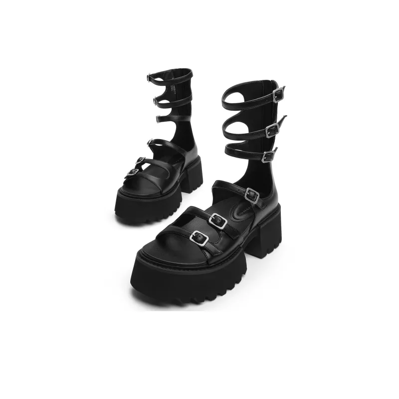 CHARLES&KEITH Small CK Gothic Lolita Style Roman Sandals 5.6cm Women's Black-2