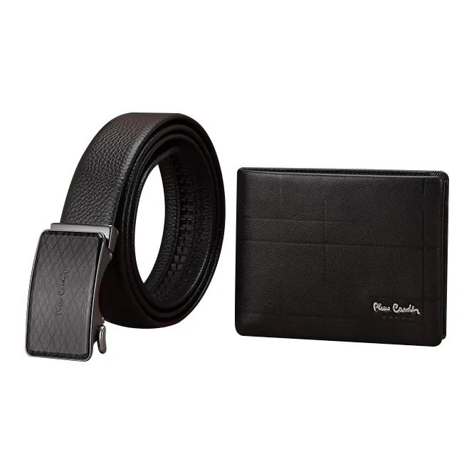 PIERRE CARDIN Top Grain Cow Leather Automatic Buckle Belt Short Wallets Men's Black-4