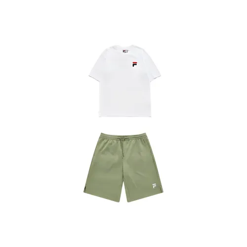 FILA FUSION Casual Sportswear Unisex Set Standard White Tops+Luxurious Green Shorts