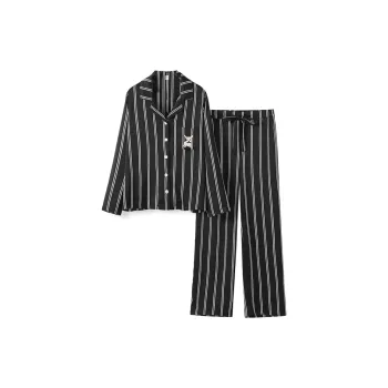 Flow Yarn Ice Silk Stripes Thin Long-Sleeved Spring And Fall Summer Unisex Two-Piece Set Black
