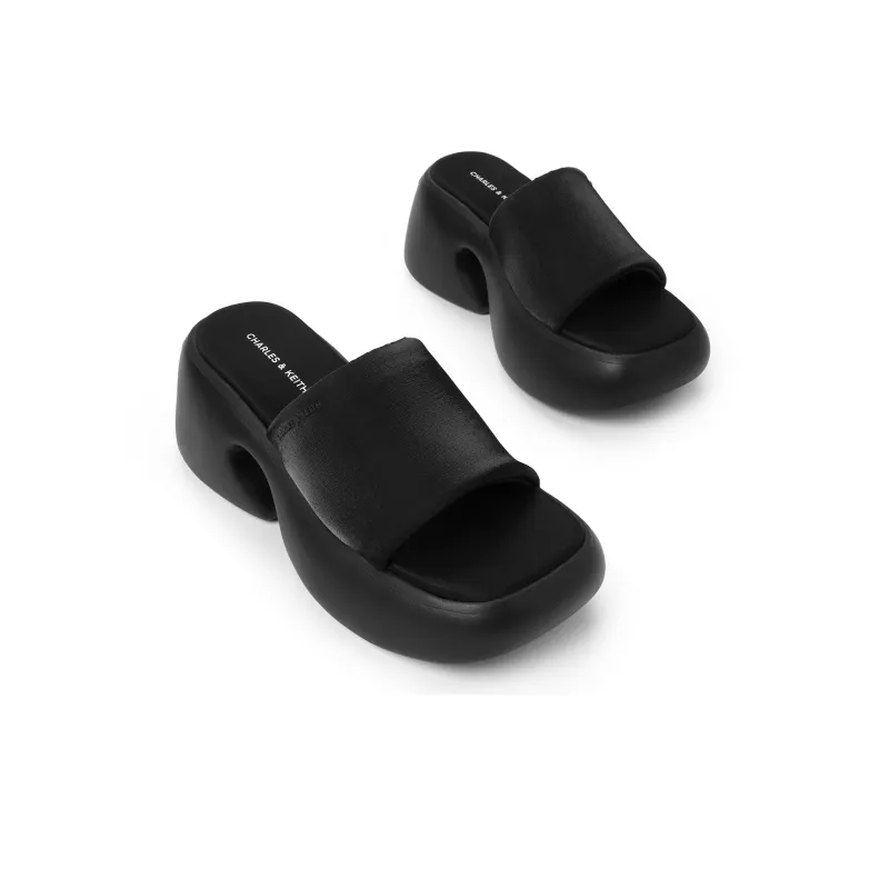 CHARLES&KEITH Composite Sole Slide Slippers 7.5cm Women's BLACK TEXTURED / White Chalk-2