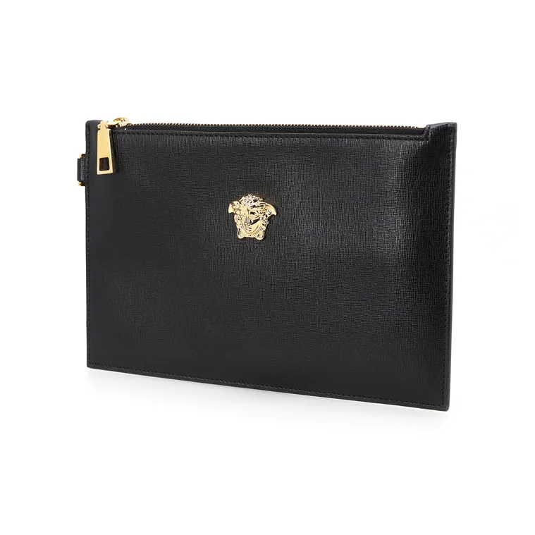 VERSACE Leather Wrist Bag Clutch Trumpets Men's Black-4