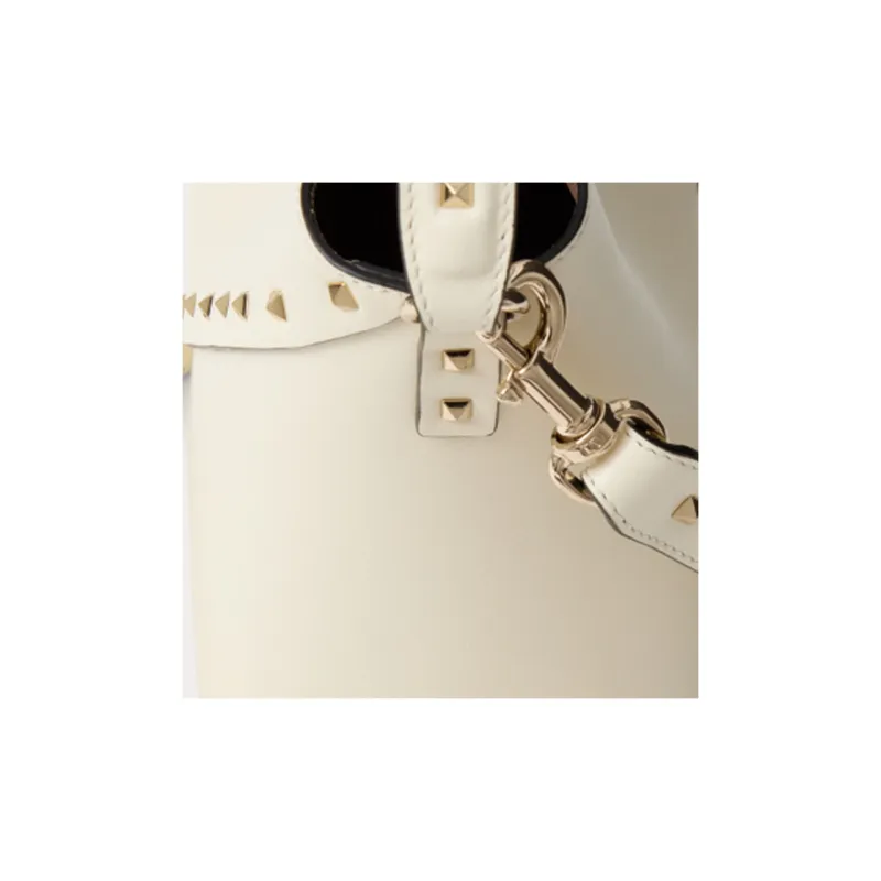 Valentino Rockstud Calfskin Bucket Bag Handbag Shoulder Bag Crossbody Bag Women's Ivory White-5