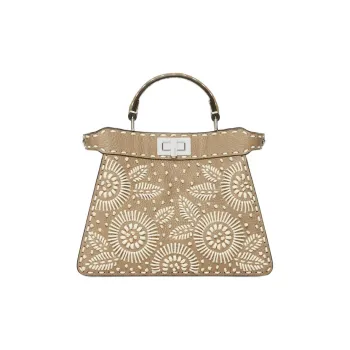 FENDI Embroidered Calfskin Shoulder Bag Crossbody Bag Handbag Small Size Women's Dove Gray
