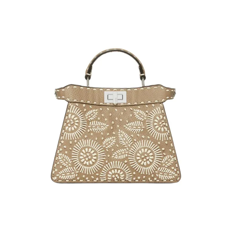 FENDI Embroidered Calfskin Shoulder Bag Crossbody Bag Handbag Small Size Women's Dove Gray-0