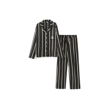 Flow Yarn Ice Silk Thin Breathable Long-Sleeved Stripes Casual Pants Summer Unisex Two-Piece Set Black