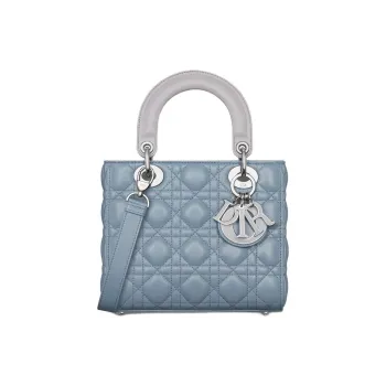 DIOR Lady Dior Leather Shoulder Bag Crossbody Bag Handbag Small Size Women's Gray With Slate Blue Accents