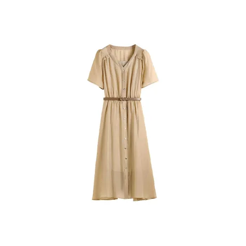 Hang Yi Court Short-Sleeved Dresses Women's Khaki