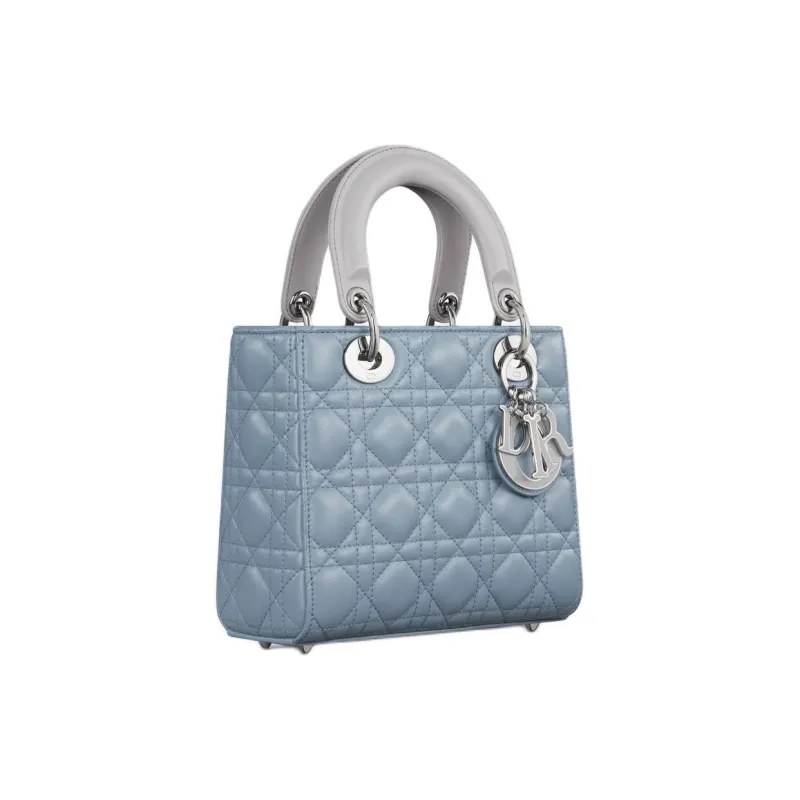 DIOR Lady Dior Leather Shoulder Bag Crossbody Bag Handbag Small Size Women's Gray With Slate Blue Accents-1