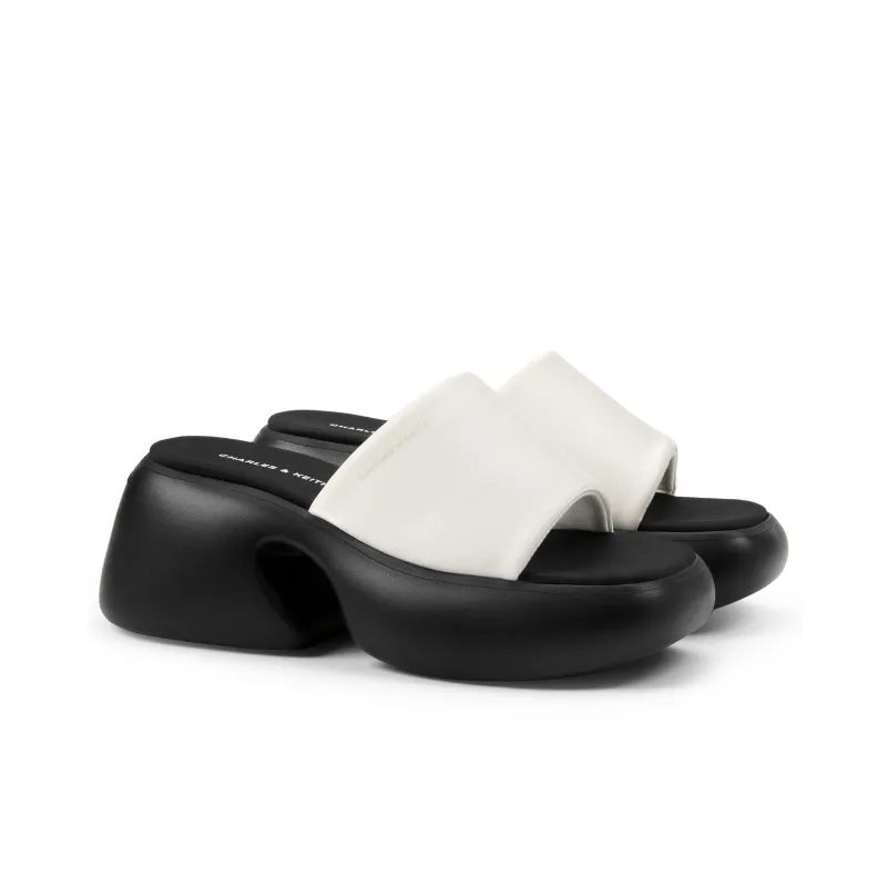 CHARLES&KEITH Composite Sole Slide Slippers 7.5cm Women's BLACK TEXTURED / White Chalk-6