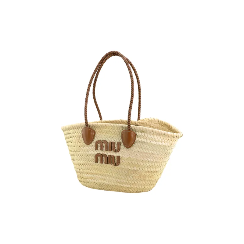 MIU MIU Wicker Tote Bag, Shopping Bag, Shoulder Bag, Handbag Women's Natural/Cognac-2