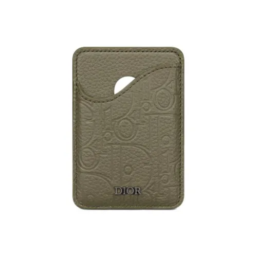 DIOR Gravity Print Effect Leather Cow Leather Card Holder Men's Khaki