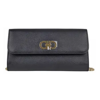 FERRAGAMO GANCINI Grain Cow Leather Shoulder Bag, Crossbody Bag, Clutch Unisex Black