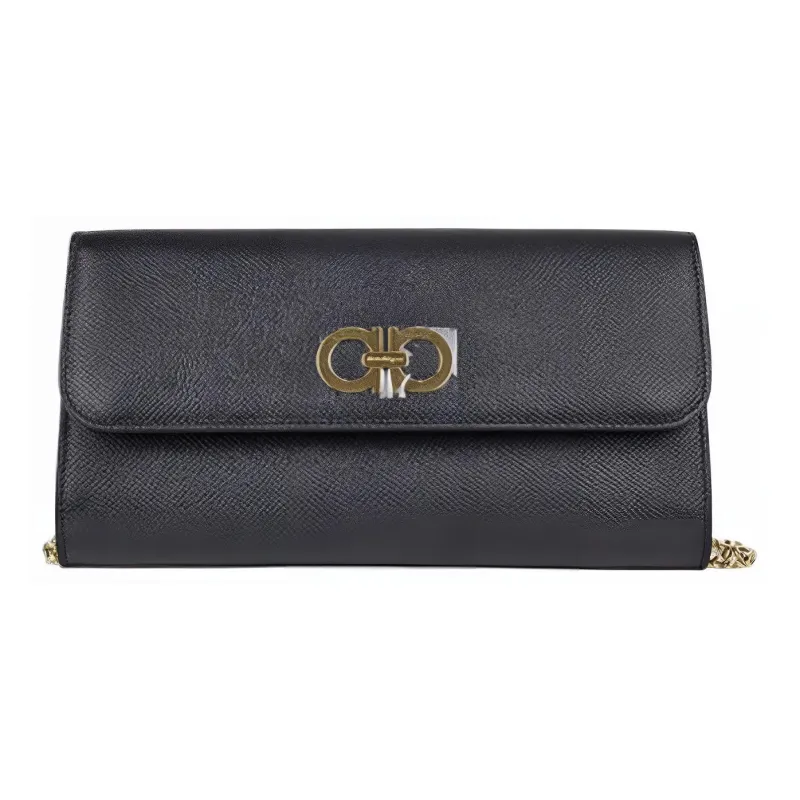 FERRAGAMO GANCINI Grain Cow Leather Shoulder Bag, Crossbody Bag, Clutch Unisex Black-0