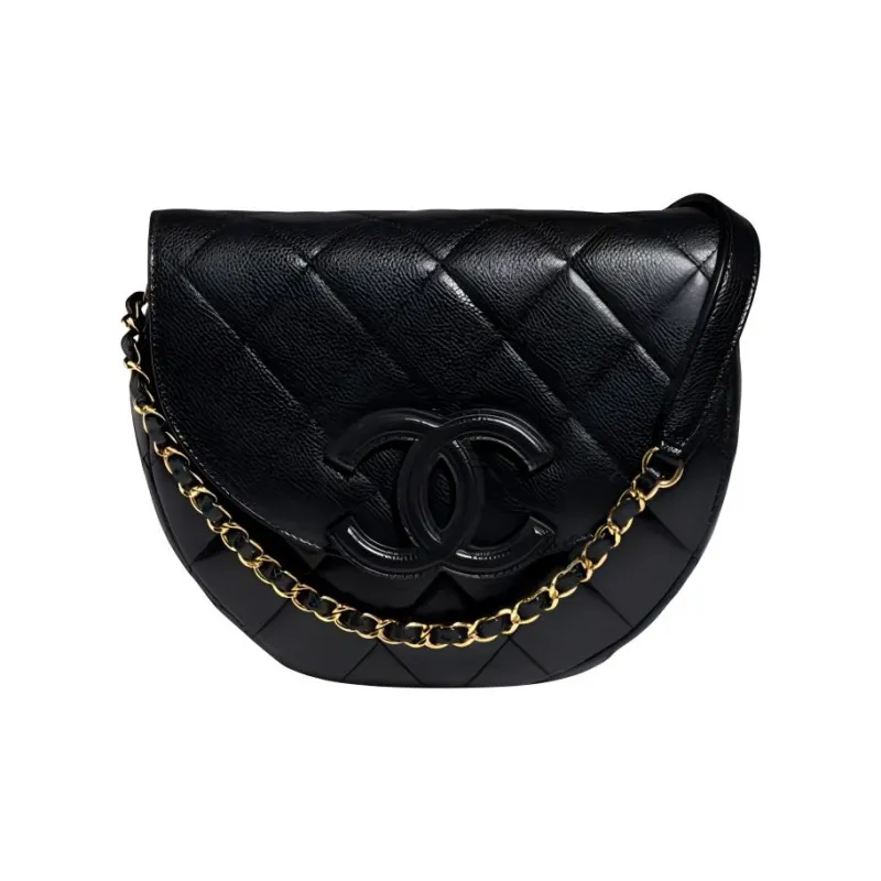 CHANEL 23P SS Cow Leather Messenger Bag Half Moon Bag Saddle Bag Shoulder Bag Crossbody Bag Large Size Unisex Black-0