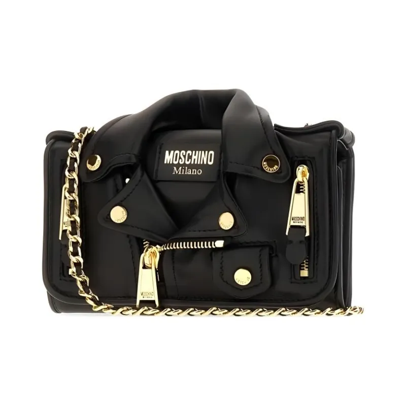 MOSCHINO Sheepskin Biker Jacket Bag Chain Bag Crossbody Bag Shoulder Bag Women's Black-4