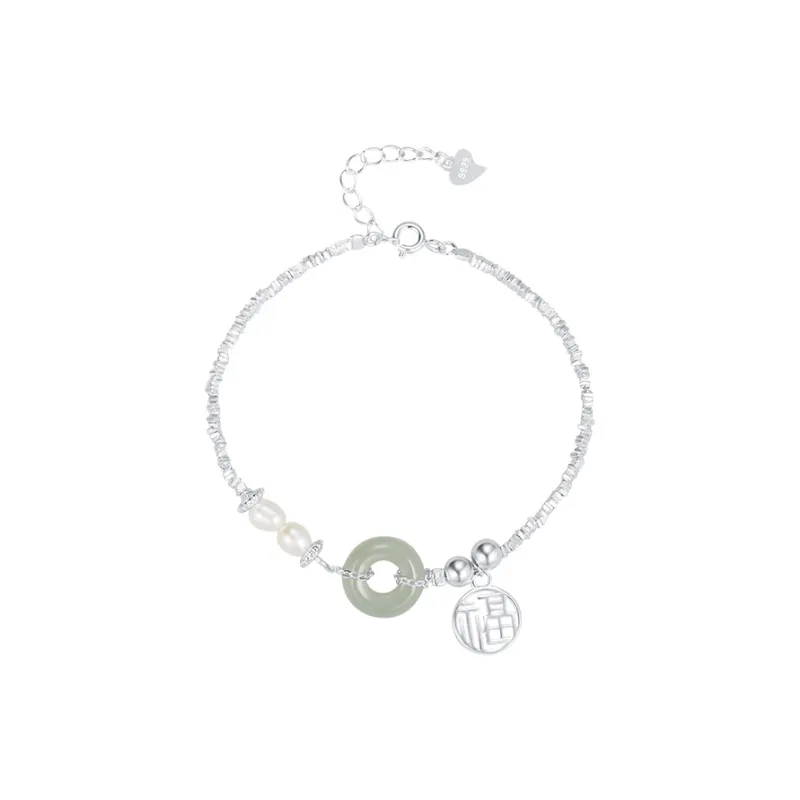 Zoo Jewel S925 Silver Hetian Jade Freshwater Pearl Bracelets Women's Green Jade-0