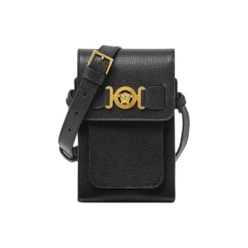 VERSACE MEDUSA BIGGIE Series Goatskin Studded Leather Shoulder Bag Crossbody Bag Men's Black & Gold