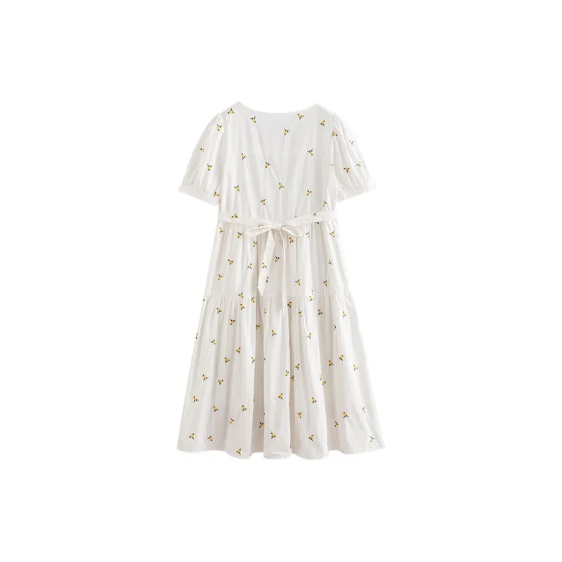 Initial Language Short Sleeved Dress Women's White Base Yellow Floral-1