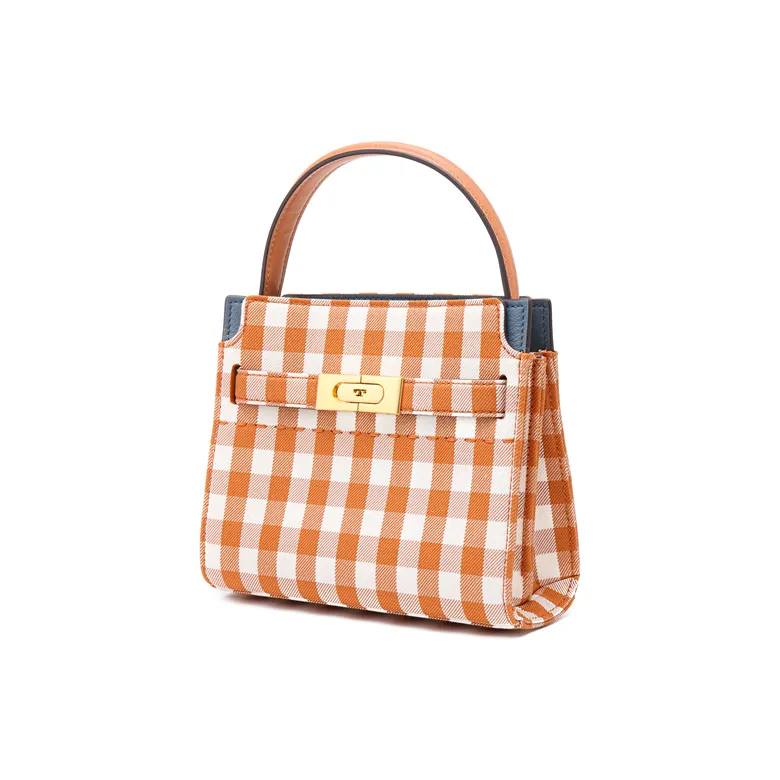 TORY BURCH Lee Radziwill Leather Shoulder Bag, Crossbody Bag, Handbag Trumpets Women's Orange White Plaid-2