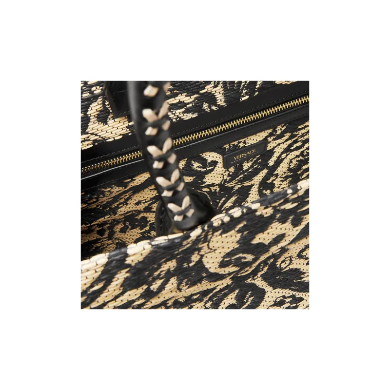 VERSACE Raffia Fiber Tote Bag Shopping Bag Handbag Large Size Women's Black-3