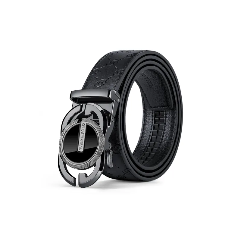WilliamPOLO Cow Leather Leather Belts Men's Gunmetal Buckle Black Edges 3.5cm Width-0