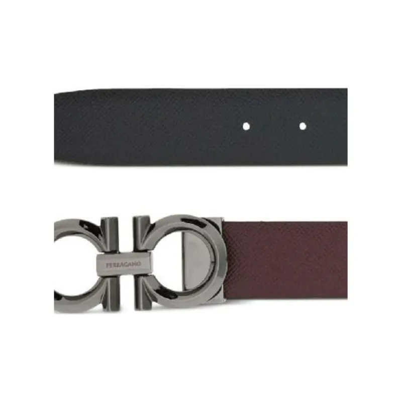 FERRAGAMO Logo Emblem Pin Buckle Calfskin Leather Belts Men's Burgundy/Black-1