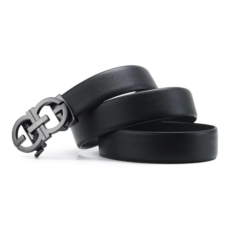 PIERRE CARDIN Fashion Cut Out Versatile Automatic Buckle Top Grain Cow Leather Men's Pant Belt Men's Black 3.6cm-2
