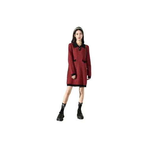 Tonlion Long-Sleeved Dresses Women's Dark Red