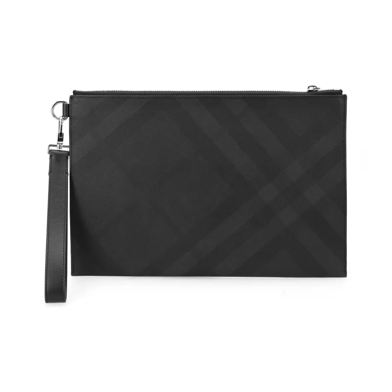 Burberry Cotton With Leather Detail Wrist Bag Clutch Regular Men's Dark Charcoal Gray-1