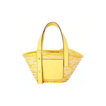 LOEWE Anagram Basket Palm Leaf With Calfskin Tote Bag Shopping Bag Handbag Small Size Women's Lemon/Natural