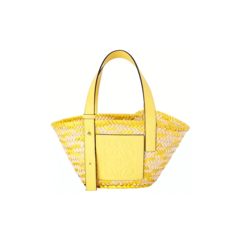 LOEWE Anagram Basket Palm Leaf With Calfskin Tote Bag Shopping Bag Handbag Small Size Women's Lemon/Natural-0