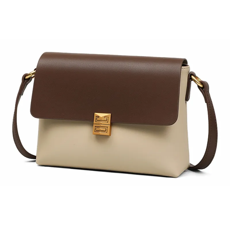 PT'SON Cow Leather Shoulder Bag, Crossbody Bag Medium Size Women's Gold Brown/Beige Coffee/Coffee-3