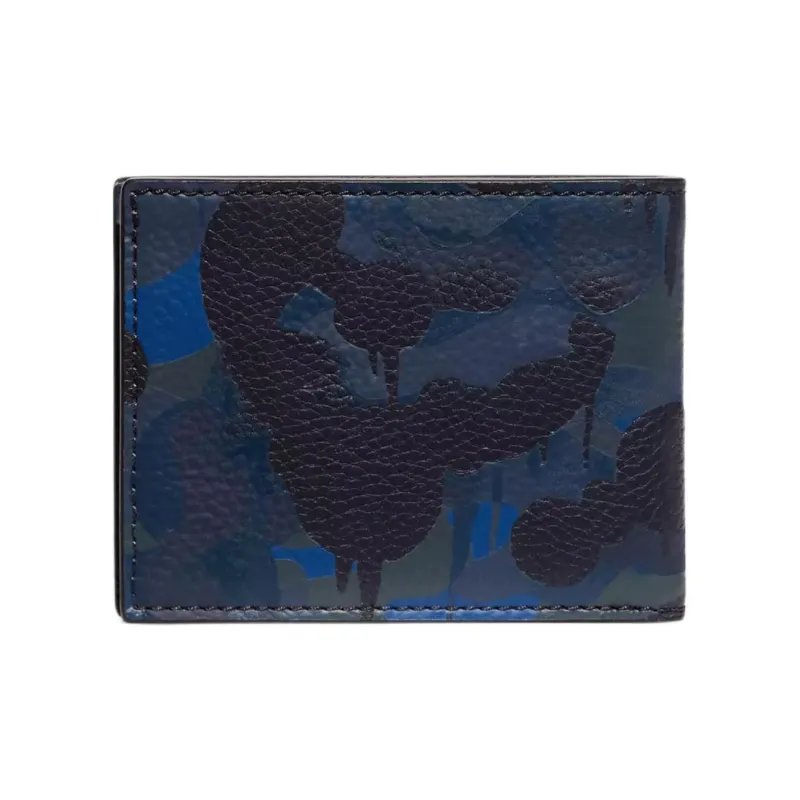 COACH Billfold Wallet Glossy Pebbled Leather Coin Purse Card Holder Wallet Mini Men's Camouflage Blue-2