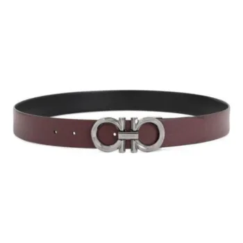 FERRAGAMO Logo Emblem Pin Buckle Calfskin Leather Belts Men's Burgundy/Black