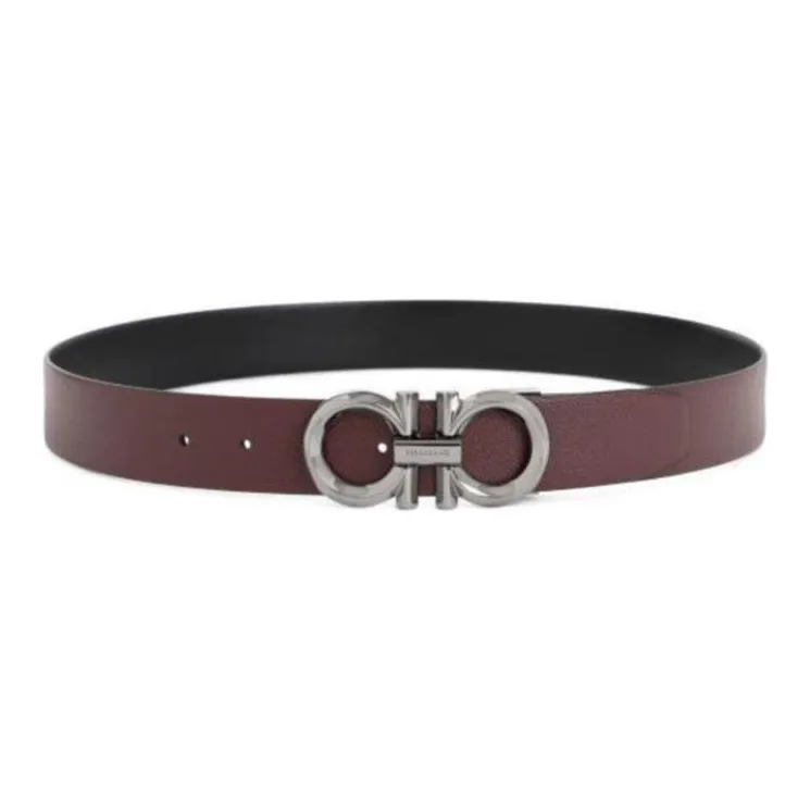 FERRAGAMO Logo Emblem Pin Buckle Calfskin Leather Belts Men's Burgundy/Black-0
