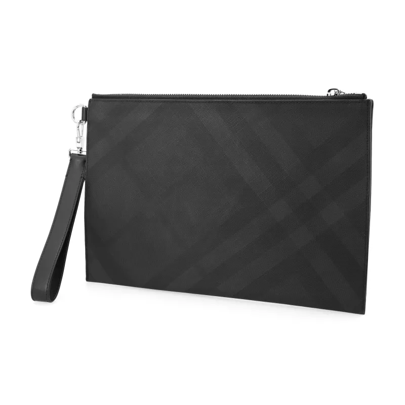 Burberry Cotton With Leather Detail Wrist Bag Clutch Regular Men's Dark Charcoal Gray-3