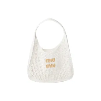 MIU MIU Raffia Fiber Blended Fabric Heart Moon Bag, Handbag, Shoulder Bag Women's White & Natural