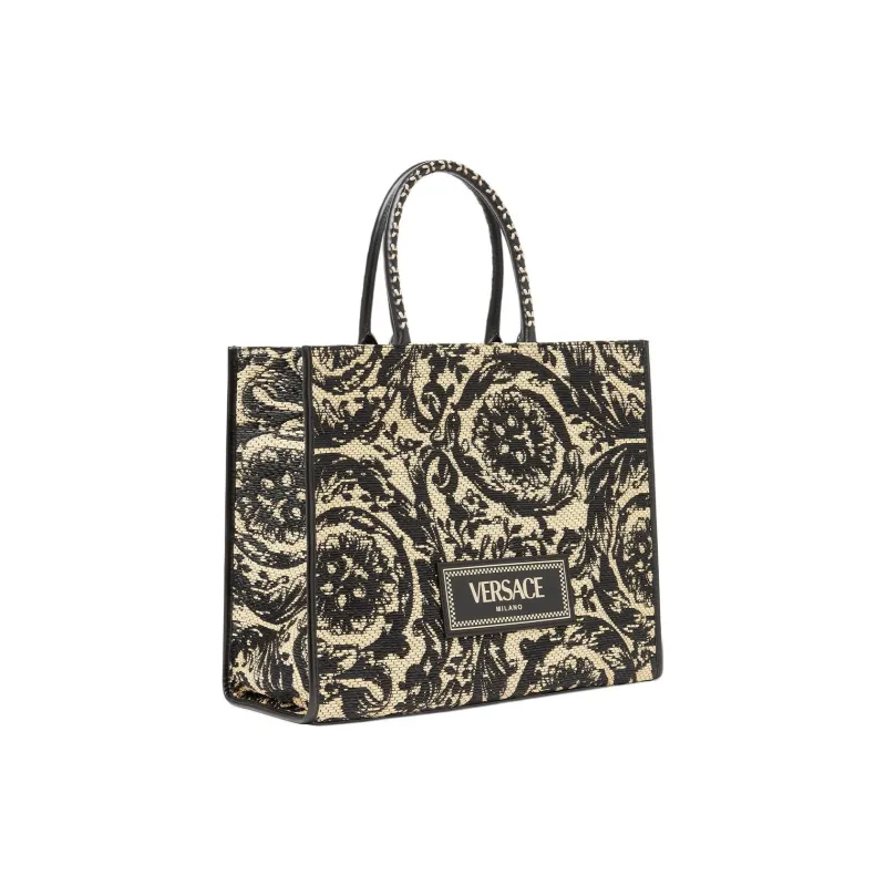 VERSACE Raffia Fiber Tote Bag Shopping Bag Handbag Large Size Women's Black-1