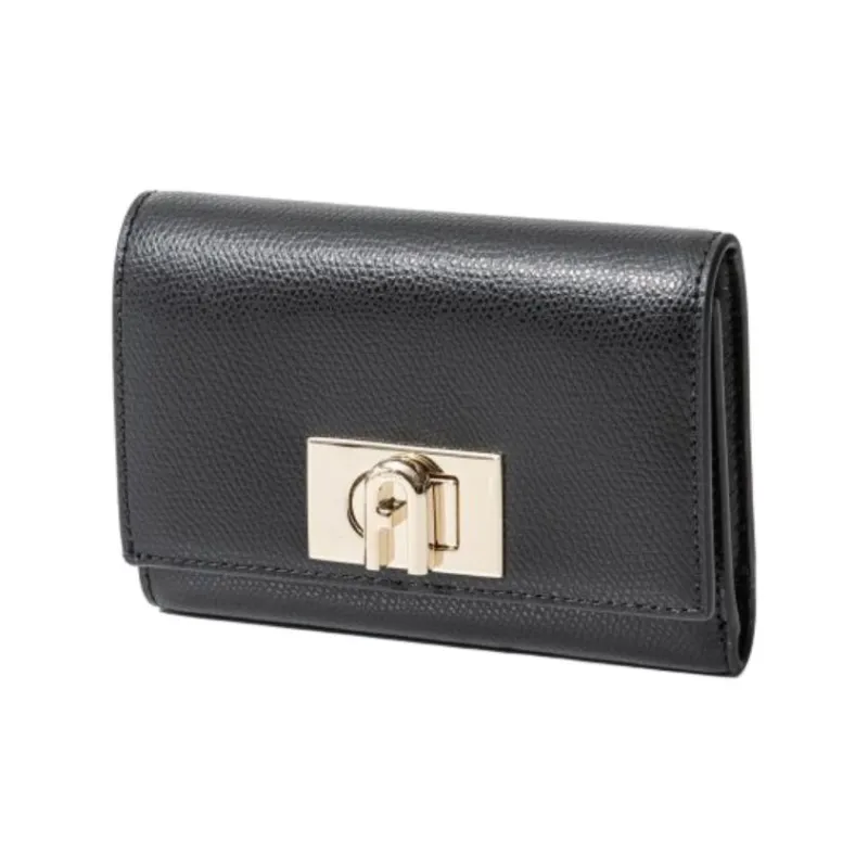 Furla 1927 Collection Textured Leather Coin Purse Card Holder, Wallet Small Size Women's Black-1