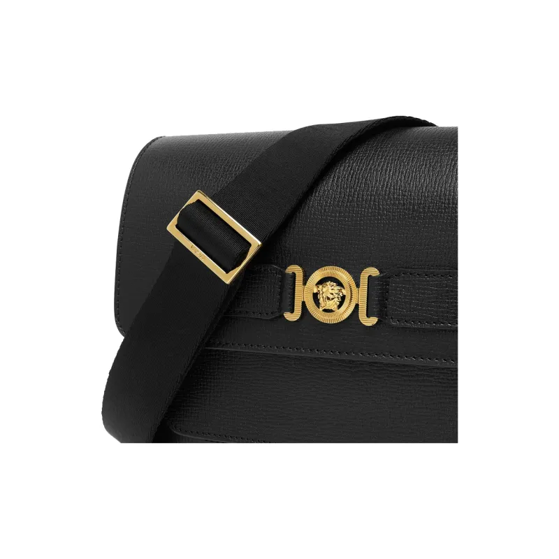 VERSACE MEDUSA BIGGIE Series Goatskin Grain Leather Messenger Bag, Shoulder Bag, Crossbody Bag Men's Black & Gold-4