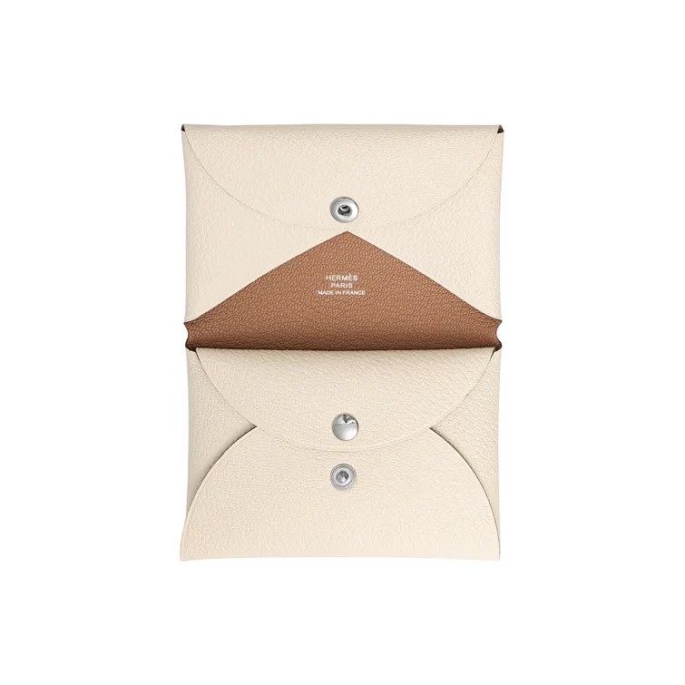 HERMES Calvi Duo Goatskin Wallet, Card Holder, Coin Purse Women's Cream White & Wood Color-6