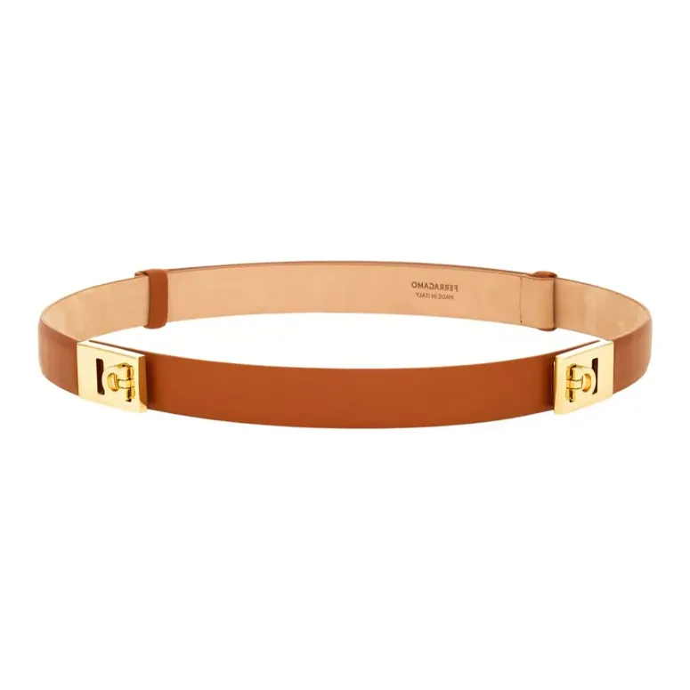 FERRAGAMO Adjustable Hug Design, Plate Buckle Calfskin Leather Belts Women's Brown Width 2.5CM-1